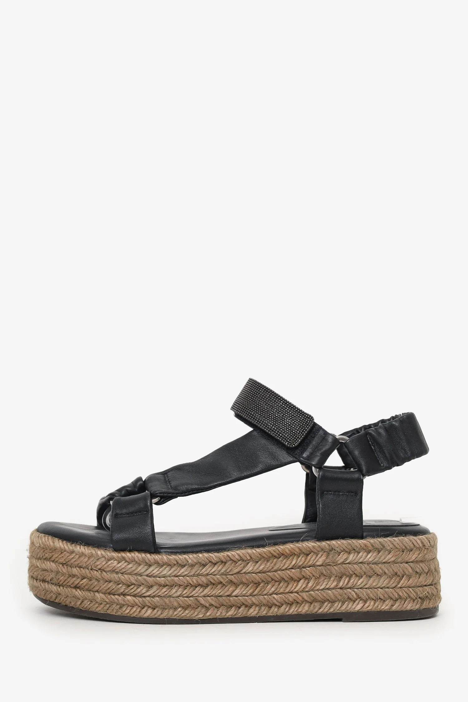 Brunello Cucinelli Black Beaded Leather Espadrille Platform Sandals Size 36 - Image 5