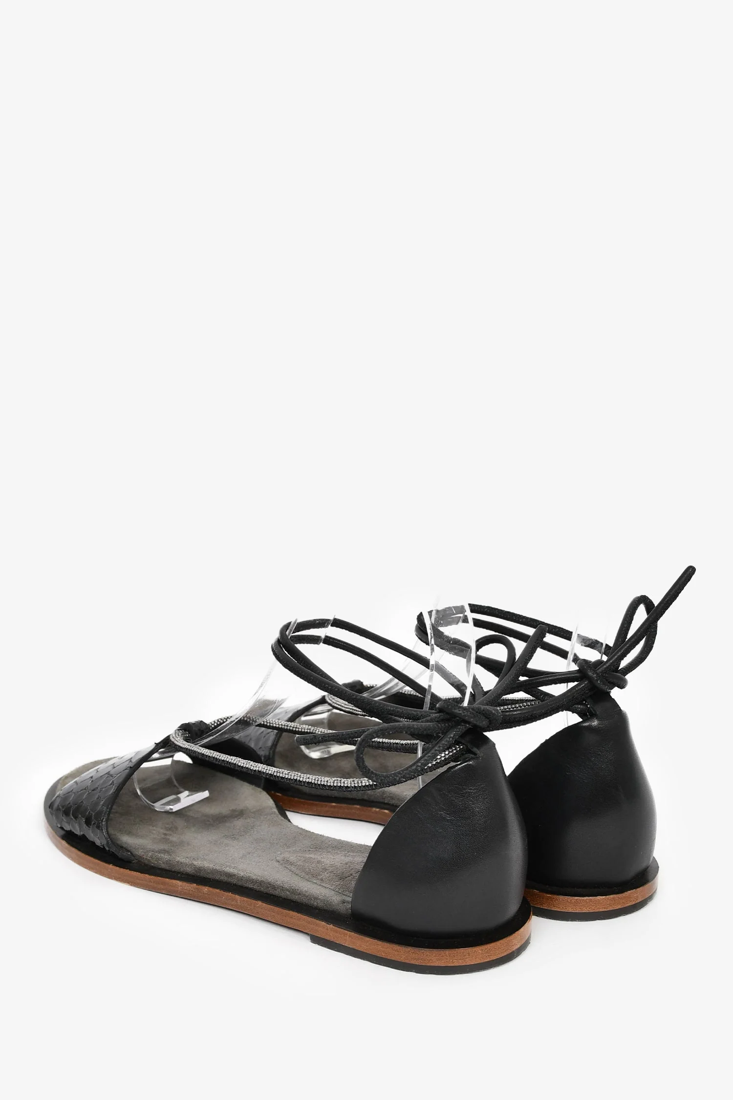 Brunello Cucinelli Black Embossed Leather Monili Detail Sandals Size 37 - Image 5