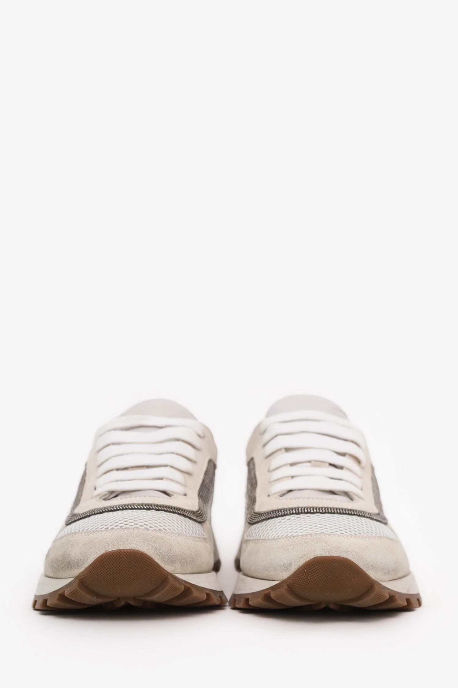 Brunello Cucinelli White Mesh/Suede Beaded Trim Sneakers Size 37 - Image 3