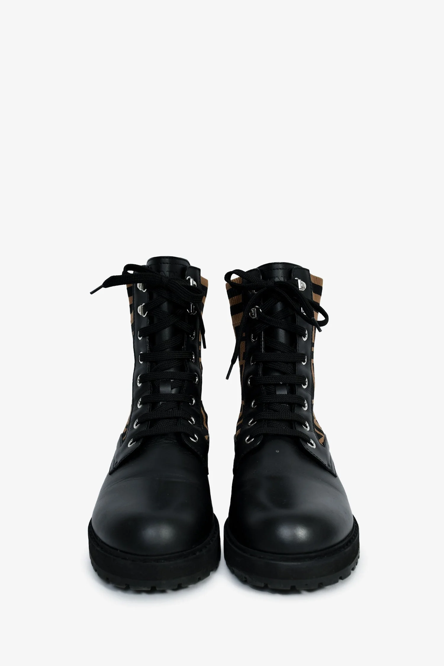 Fendi Black/Taupe Leather/Fabric Zucca Print Combat Boots Size 38 Mens - Image 3