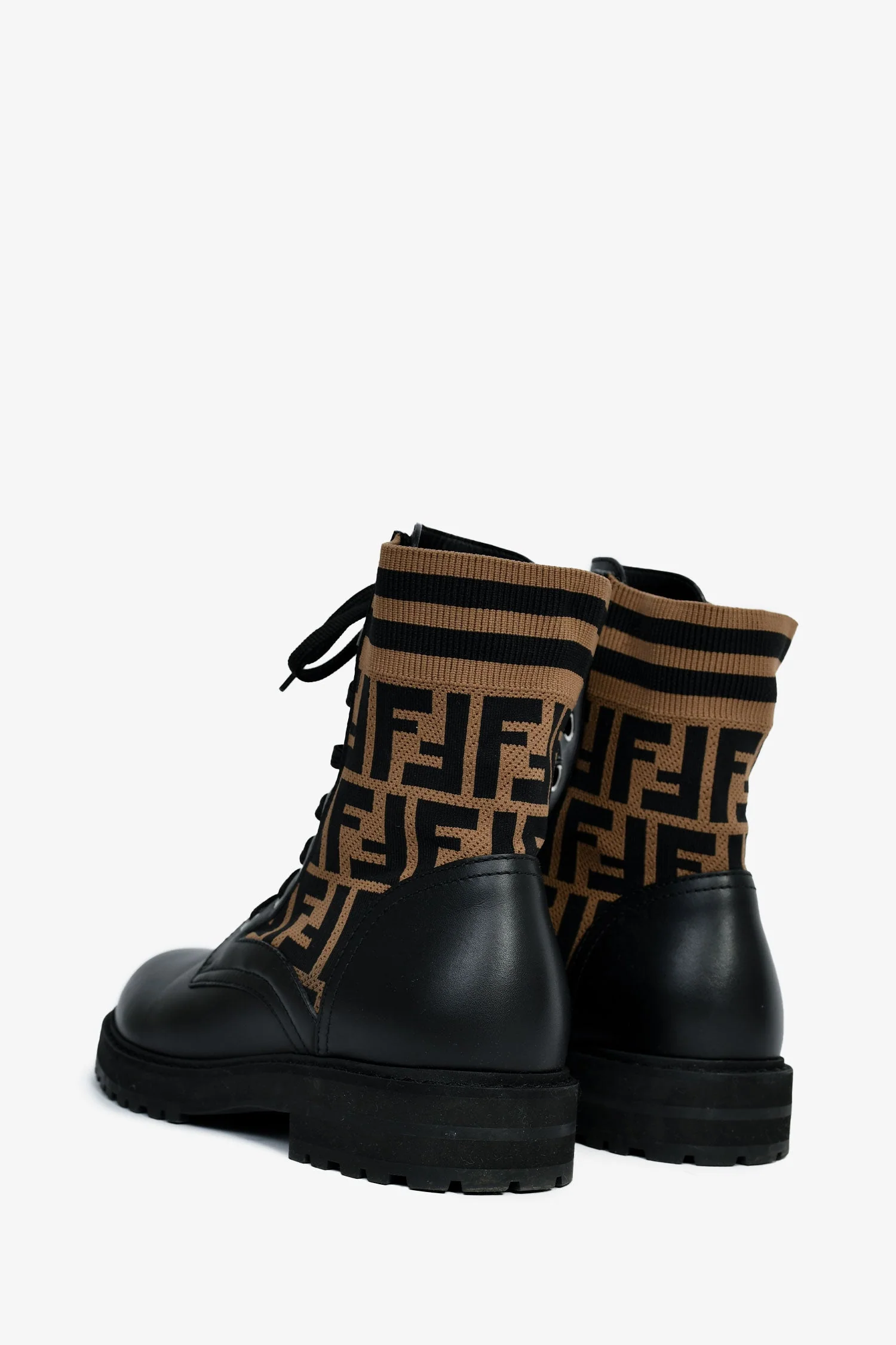 Fendi Black/Taupe Leather/Fabric Zucca Print Combat Boots Size 38 Mens - Image 4