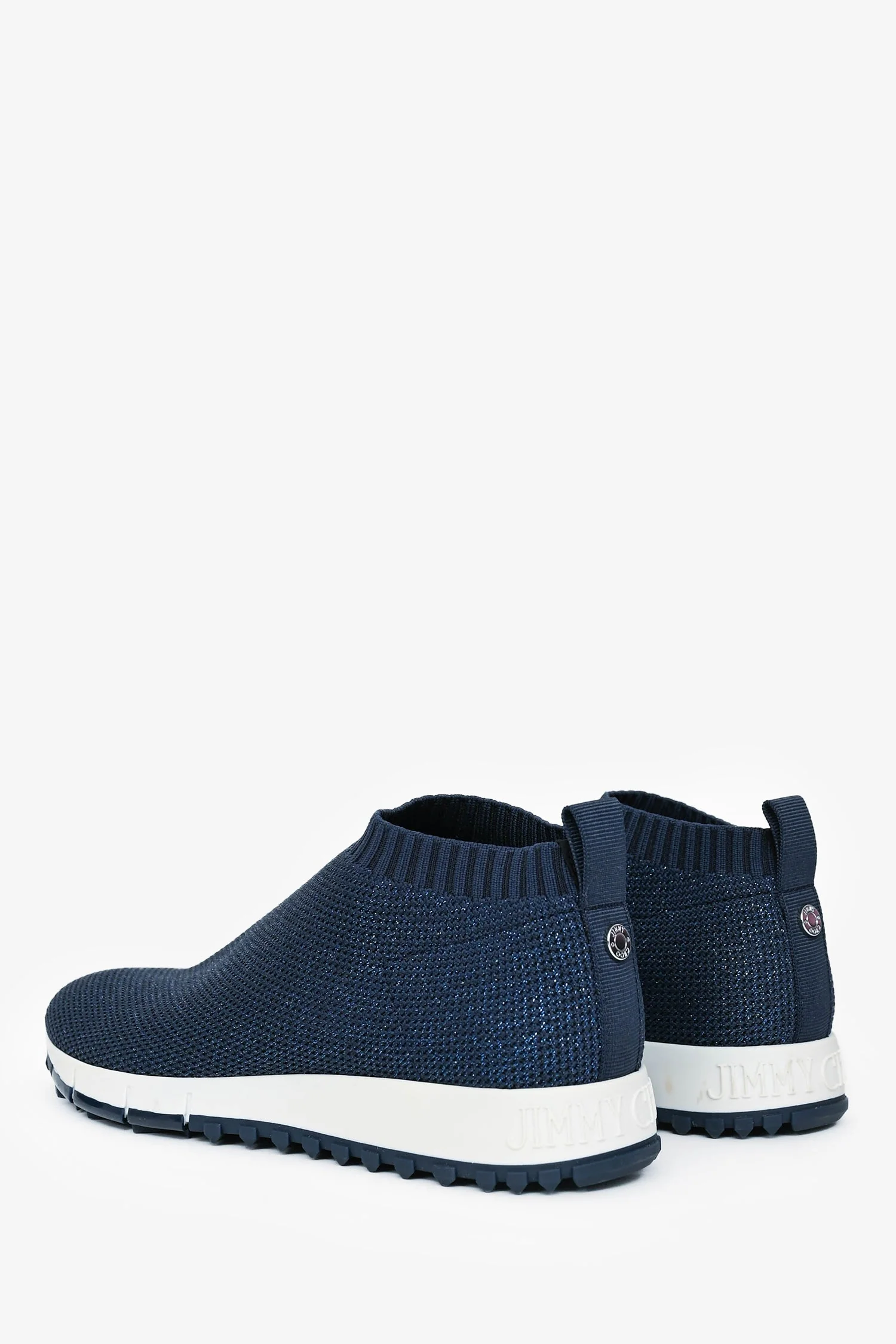 Jimmy Choo Navy Shimmer Crochet Knit White Rubber Sole Sneakers Size 38 - Image 4