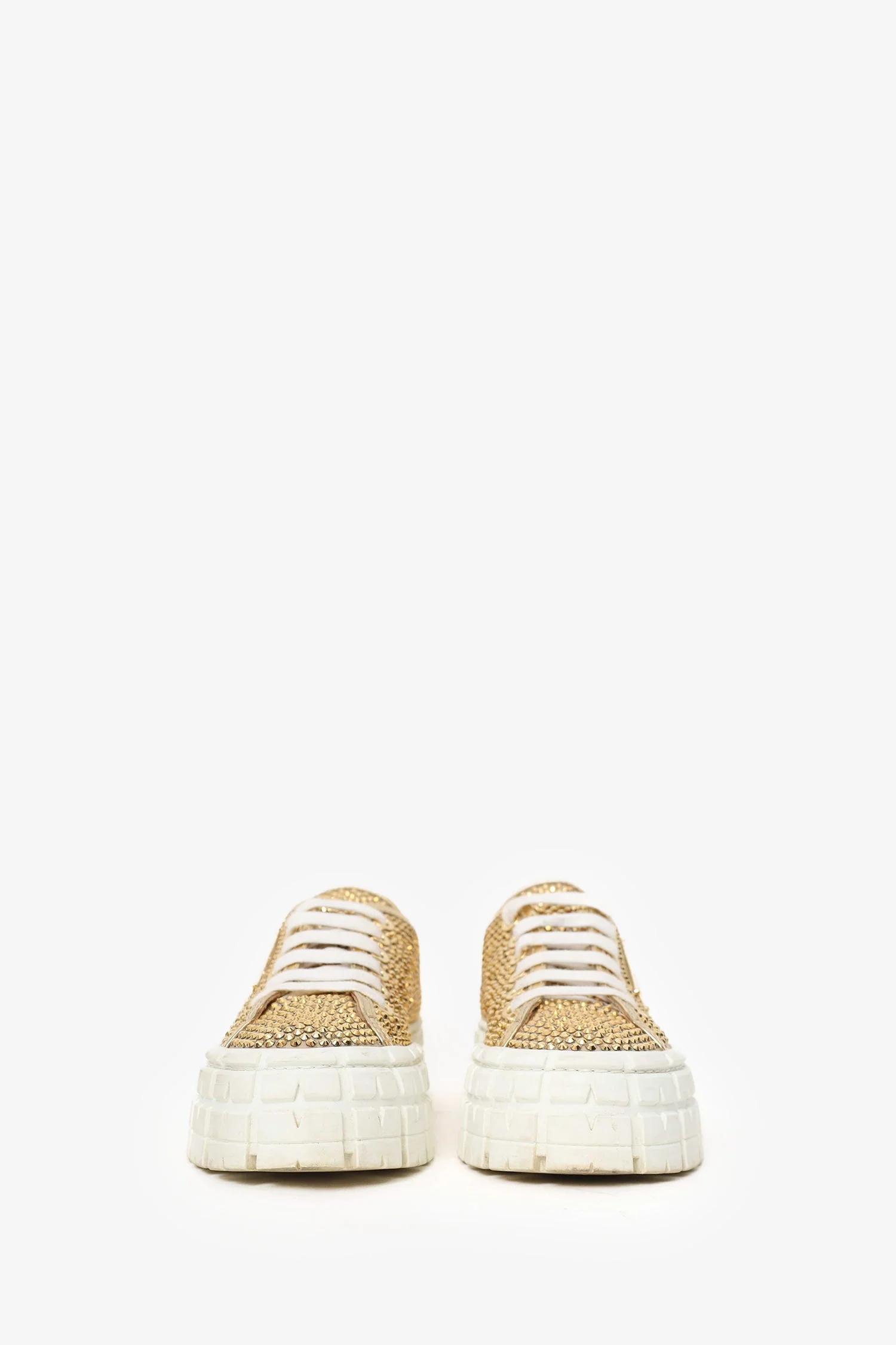 Prada Gold Metallic Satin/Leather Crystal Embellishments Sneakers Size 39 - Image 3
