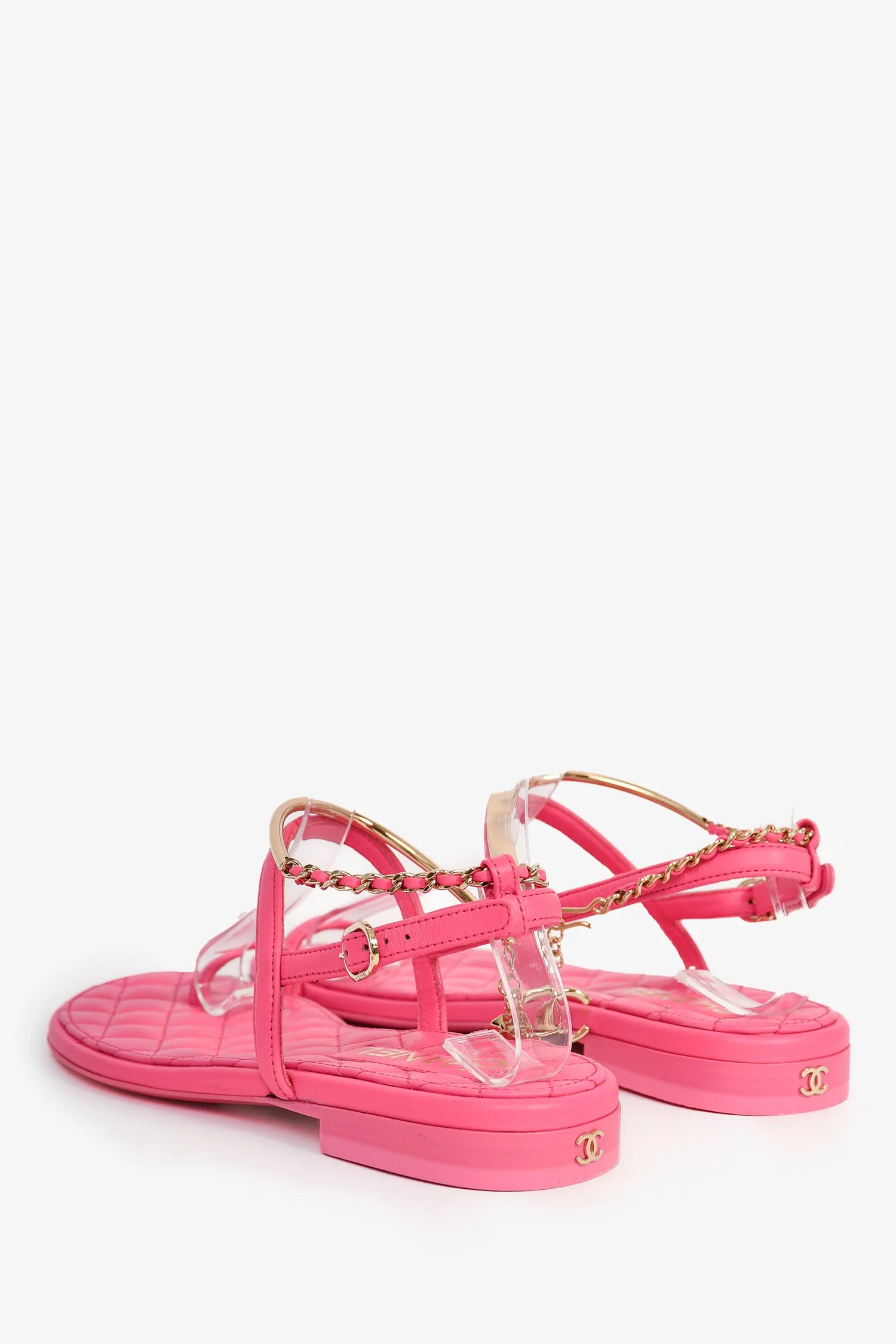 Pre-Loved Chanel™ Hot Pink Leather Gold Ankle Wrap Sandals with Chain Link Detail Size 36C - Image 5