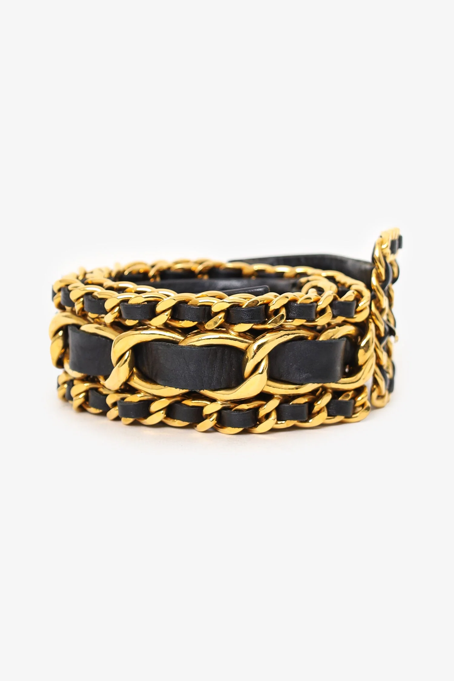 Pre-Loved Chanel™ Vintage Black Leather Gold Chain Belt Size 75 - Image 4